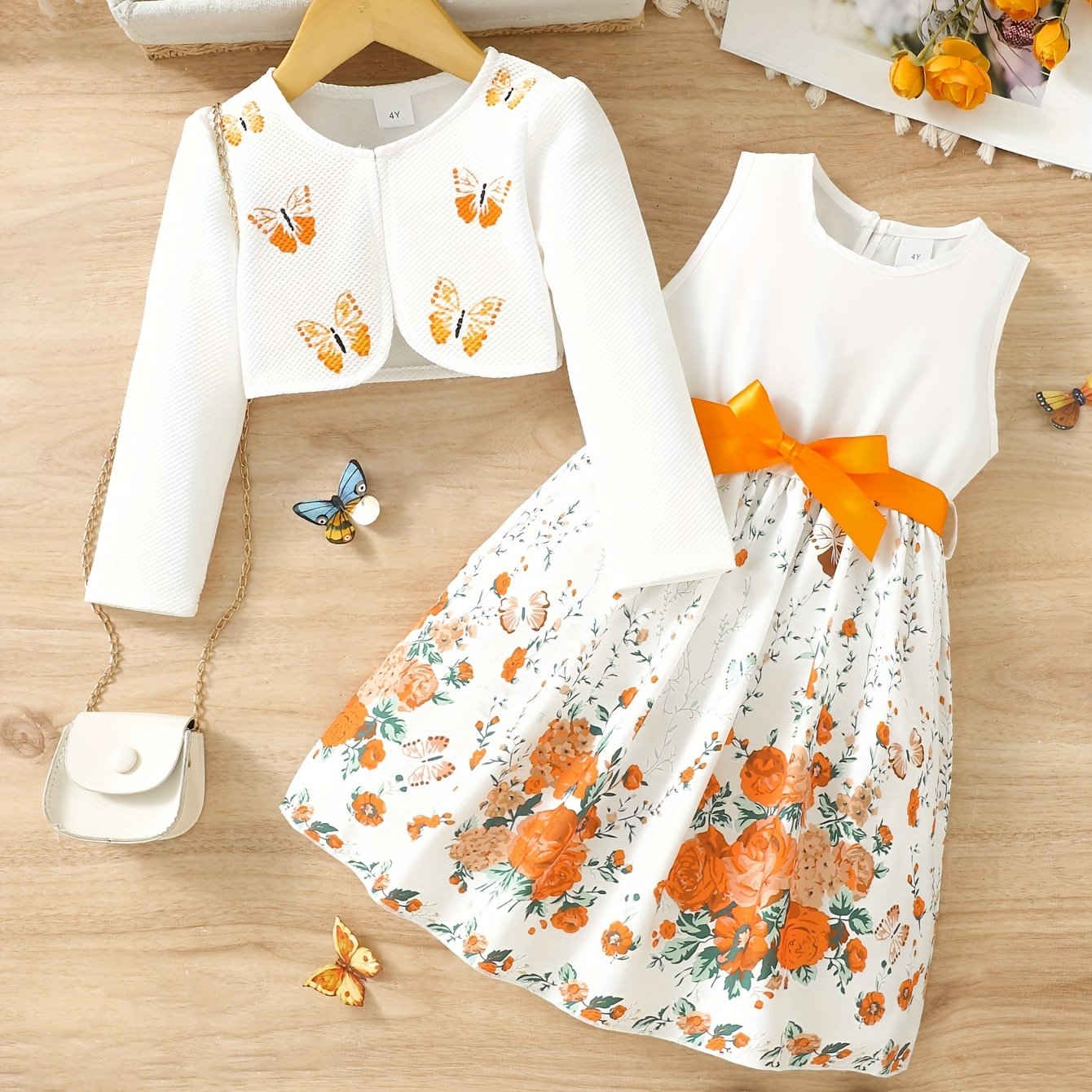 Girls Butterfly Casual Two-Piece Dress Set with Midi Length and Belt