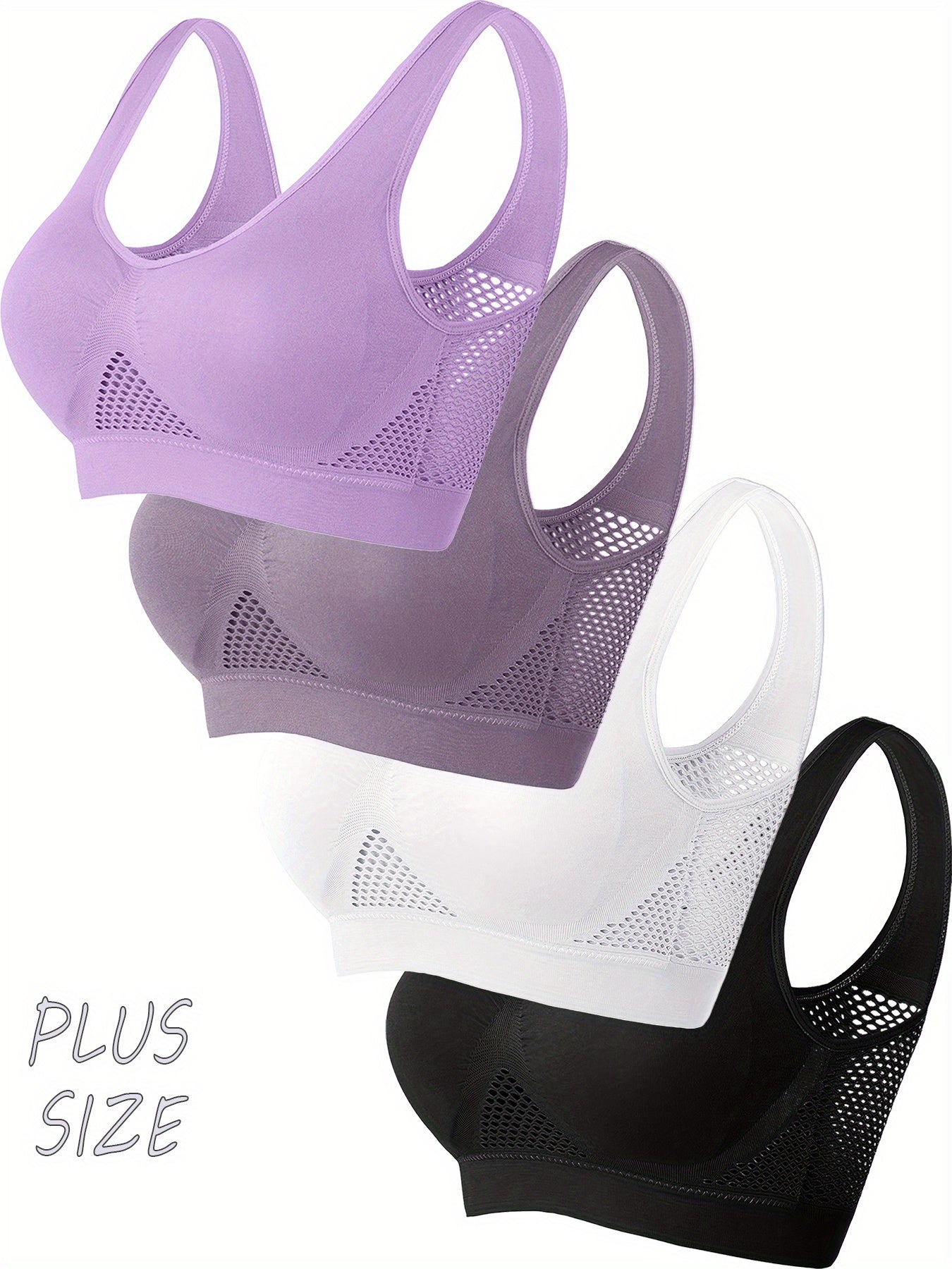Plus Size Sports Bras 4 Pack Mesh Breathable No Underwire Pads Yoga Fitness