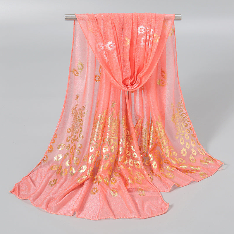 Women’s Peacock Print Lightweight Sun-Protective Polyester Scarf with Shimmering Foil