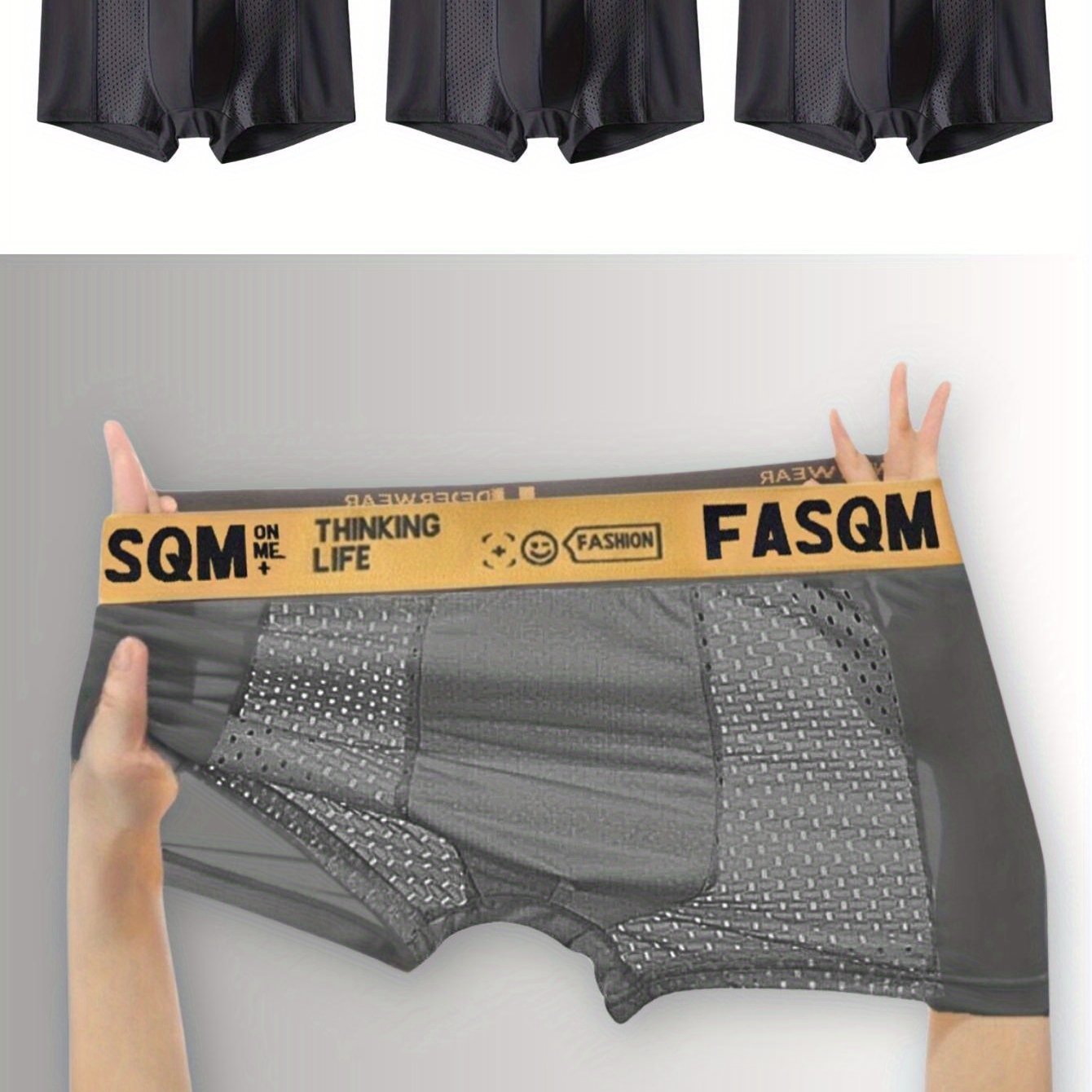 3-Pack Erkaklar uchun Bokser Shortlari, Havo O'tkazuvchi Tarmoq Patch va Elastik Polyester bilan, Osmon Moviy, Qora va Qora Kulrang Ranglarda.