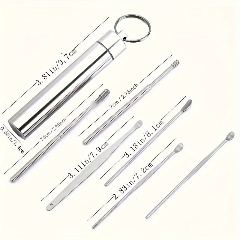 Set of 6 Stainless Steel Ear Cleaning Tools with Spiral and Cylindrical Designs Portable Keychain Household Use