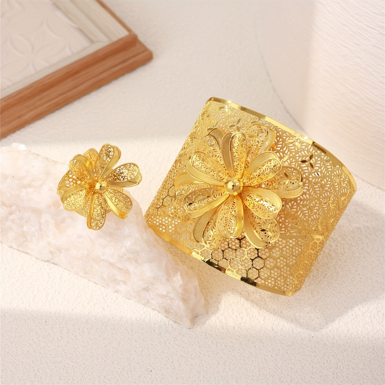 Vintage-Inspired Women's Jewelry Set with Gold Metal Flower Cuff Bracelet and Ring