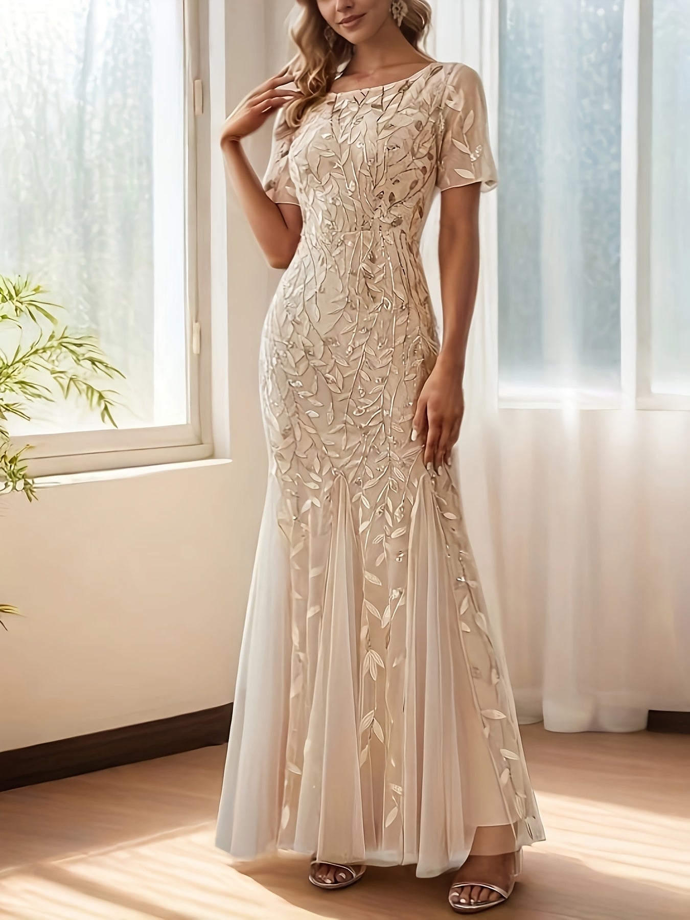 Plus Size Mermaid Evening Gown Long Sleeve Floor-Length Solid Color Party Dress