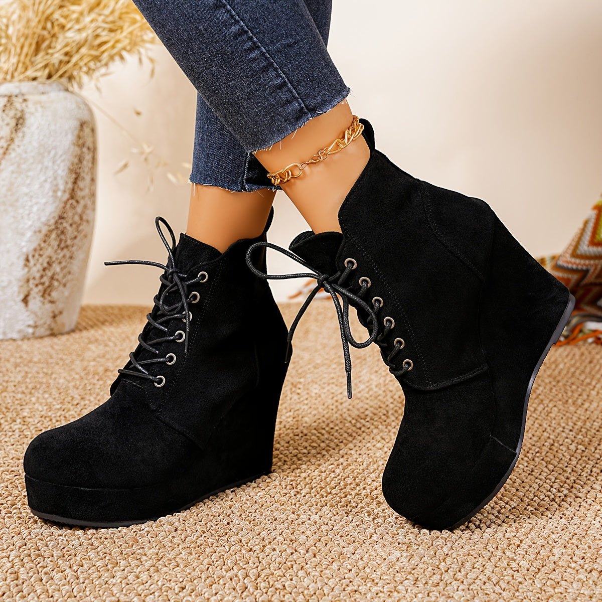 Women's Winter Plush-Lined Platform Wedge Boots with Thick Heel