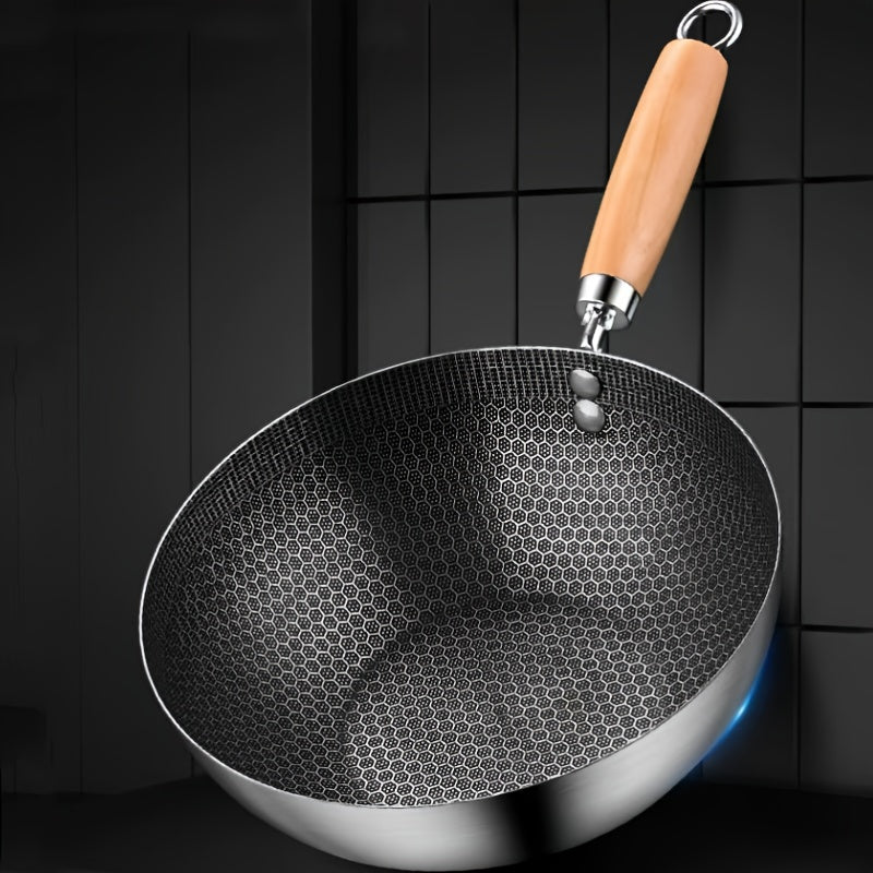 20cm Stainless Steel Non-Stick Wok with Honeycomb Coating and Wood Handle