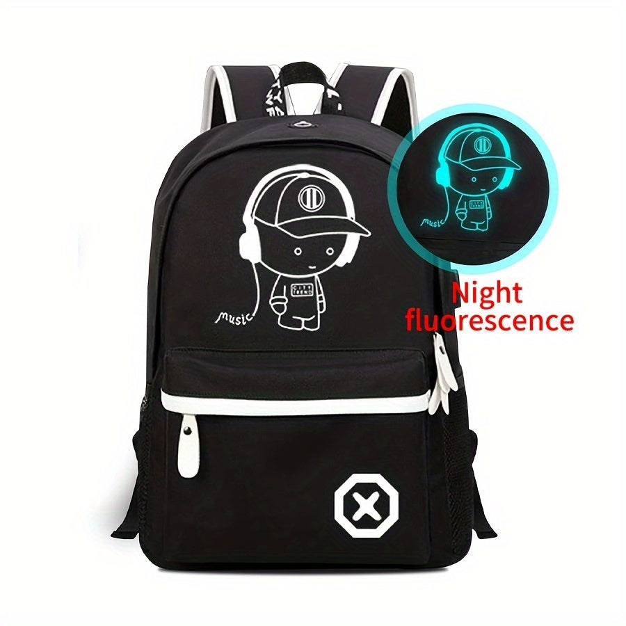 Glow-in-the-Dark Cartoon Backpack with USB Charging Adjustable Straps Zipper Closure