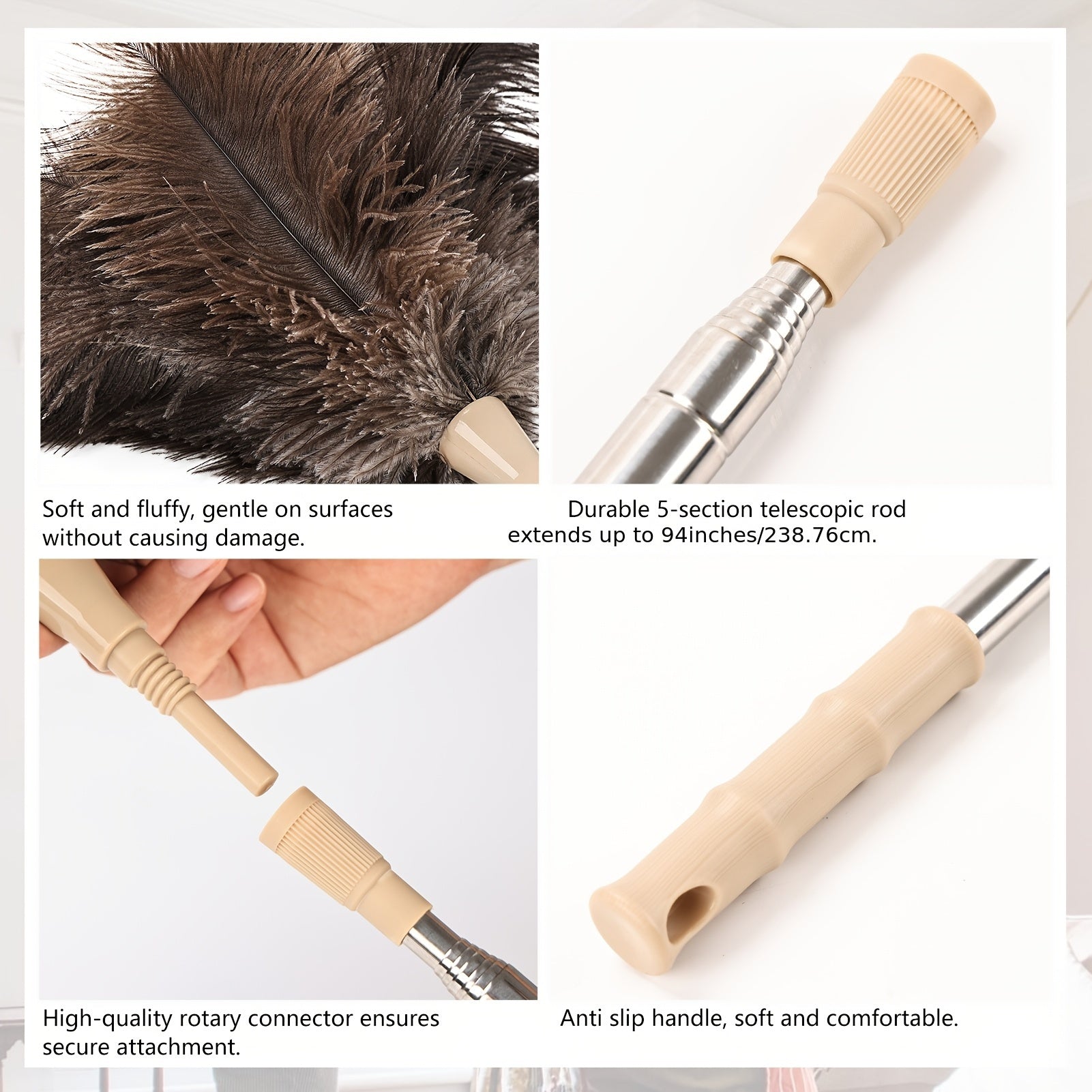 94-Inch Extendable Ostrich Feather Duster with Detachable Lint-Free Reusable Static Brush for Home and Car Cleaning