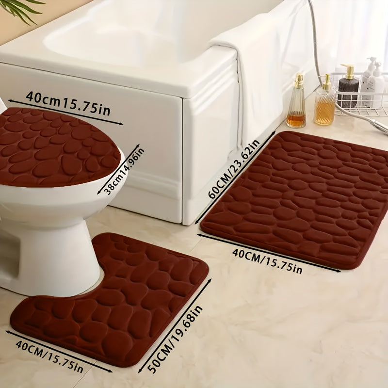 3-Piece Memory Foam Bath Mat Set Non-Slip Coral Fleece Geometric Pattern Machine Washable