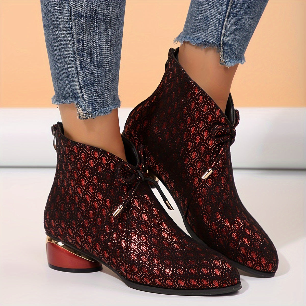 Women's Peacock Print Ankle Boots Chunky Heel Zipper Mid-Heel All-Season