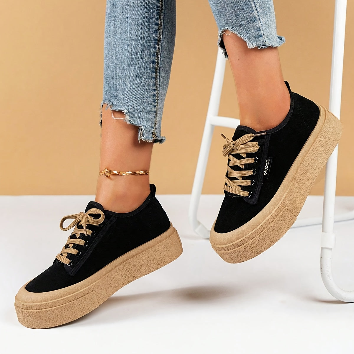 Women's Solid Color Low Top Lace-Up Sneakers with Fabric Upper and PVC Sole