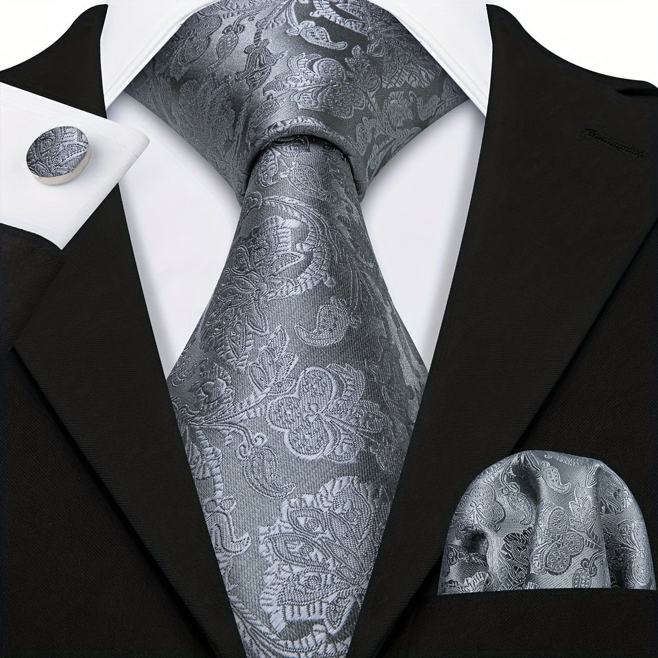 Men's Floral Woven Tie Set with Cufflinks and Handkerchief for Wedding or Formal Events
