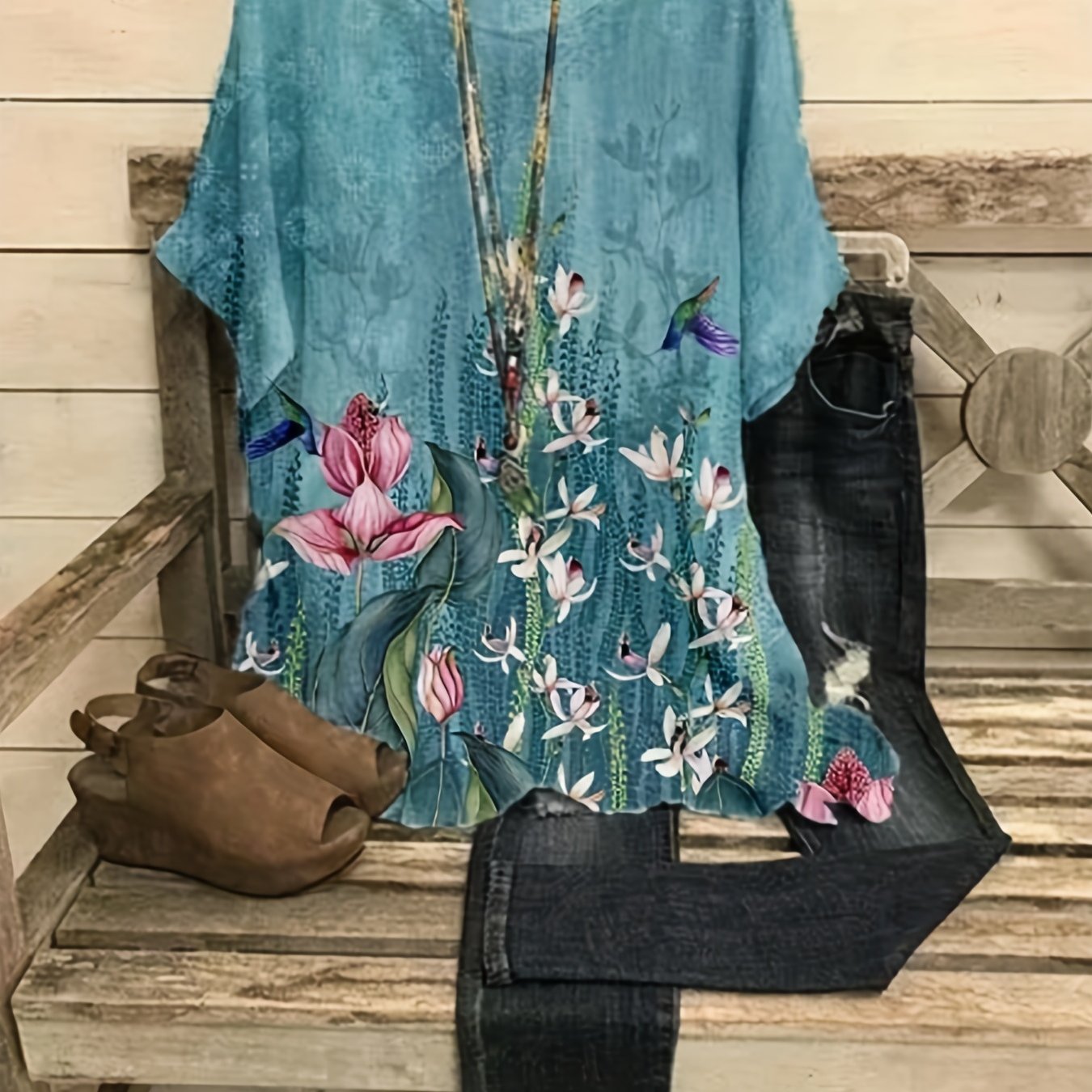 Ayollar uchun kattaroq o'lchamdagi gullar bilan bosilgan qisqa ko'ylakli, dumaloq bo'yinli, qisqa qo'lqopli T-shirt