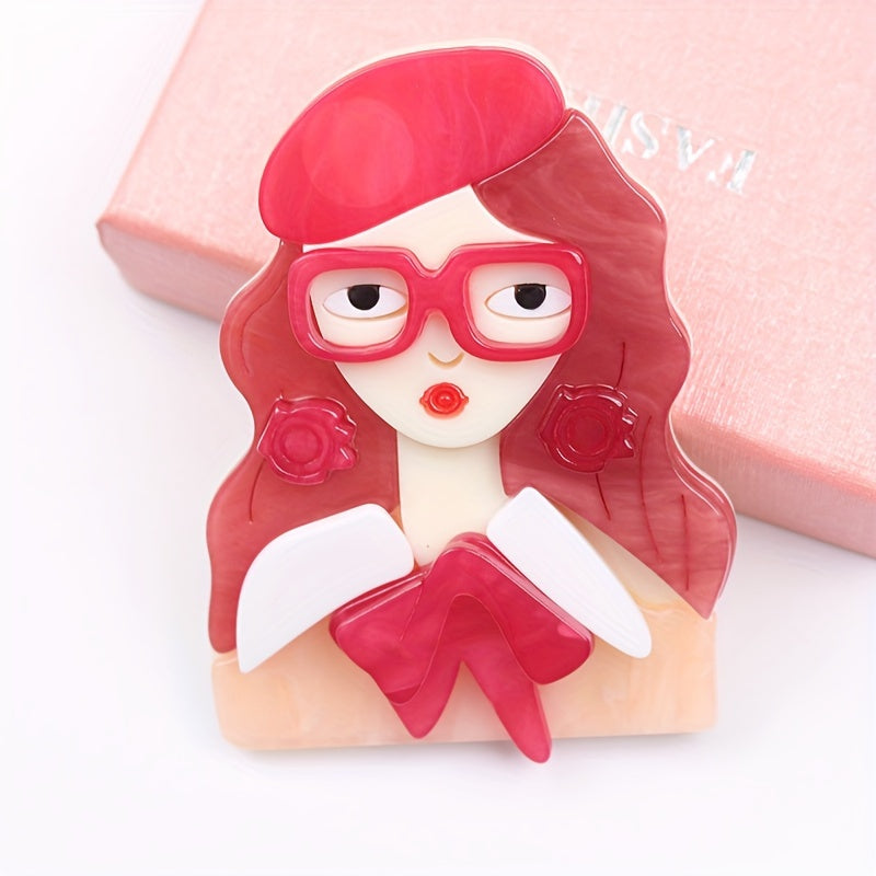 Broche de chica acrílica con gafas, joyería original y elegante para vestidos, suéteres y abrigos
