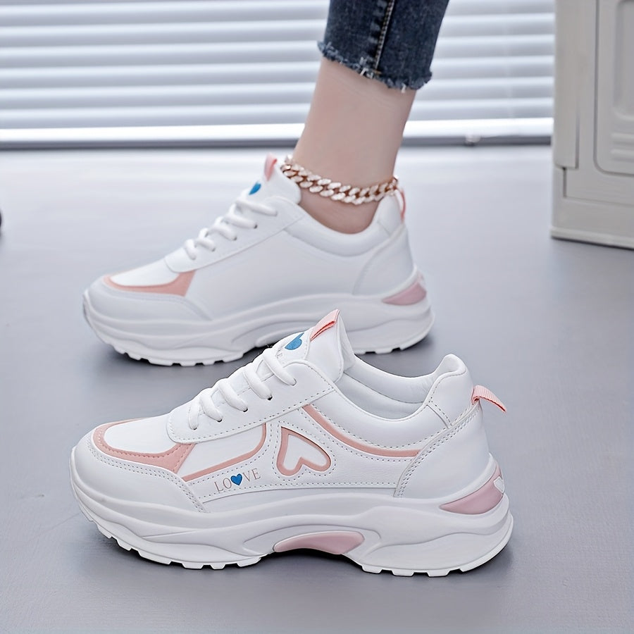 Women's White Sneakers with Black Accents Casual Running Shoes Thick Sole