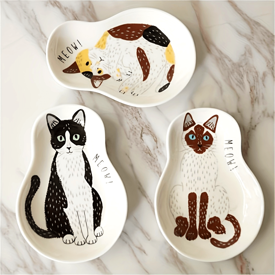 Ceramic Sauce Plate with Kitten Pattern Small Kitchen or Dorm Room Dish