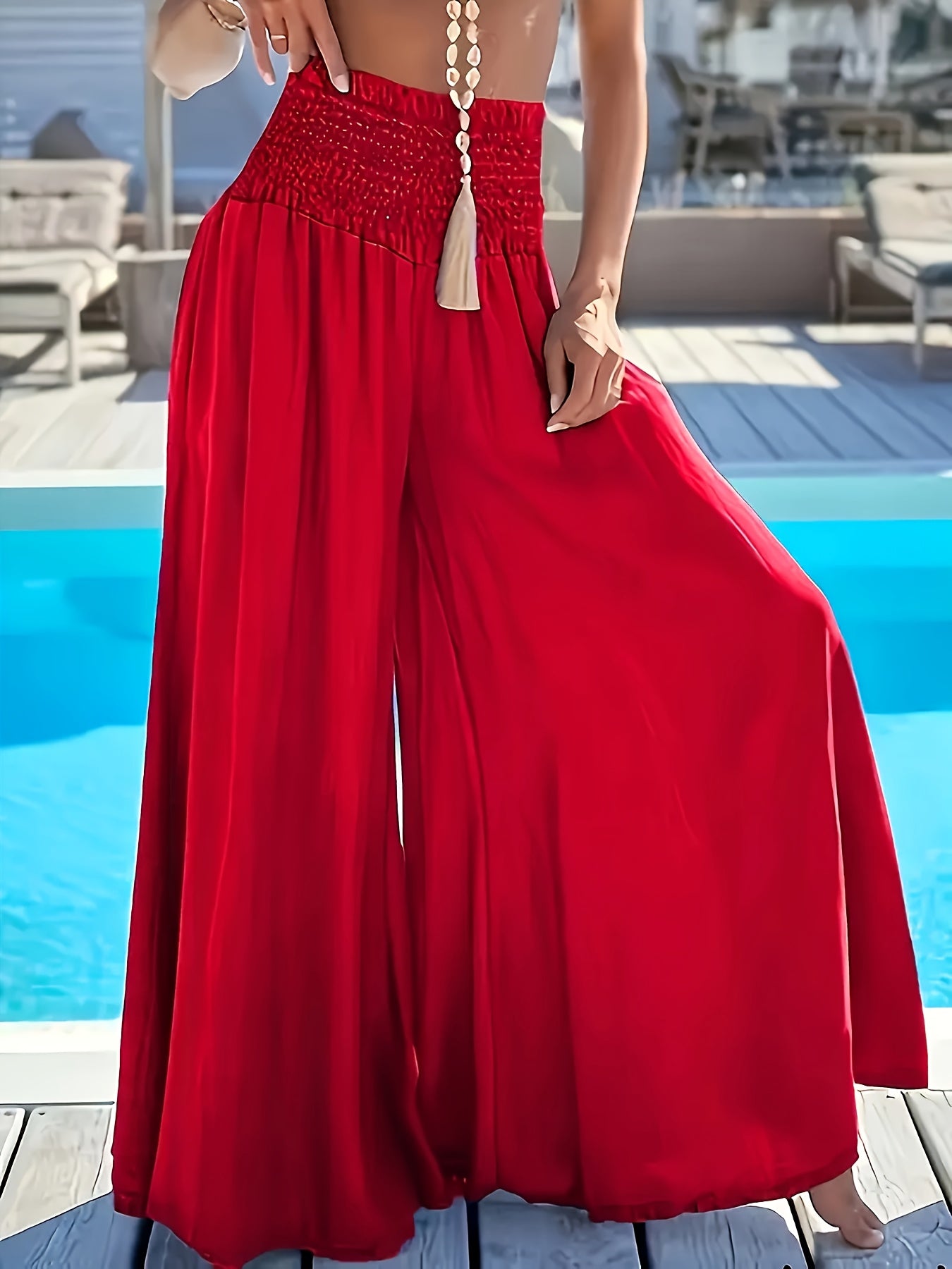 Women's Plus Size Wide-Leg Polyester Pants High Waist Solid Color