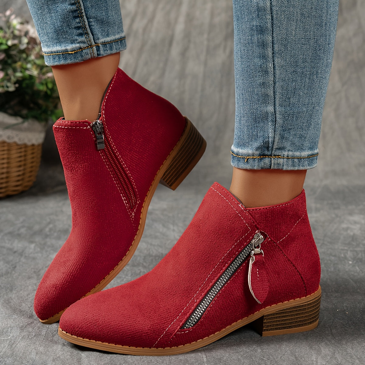 Women Velvet Ankle Boots Solid Color Chunky Heel Side Zipper Pointed Toe