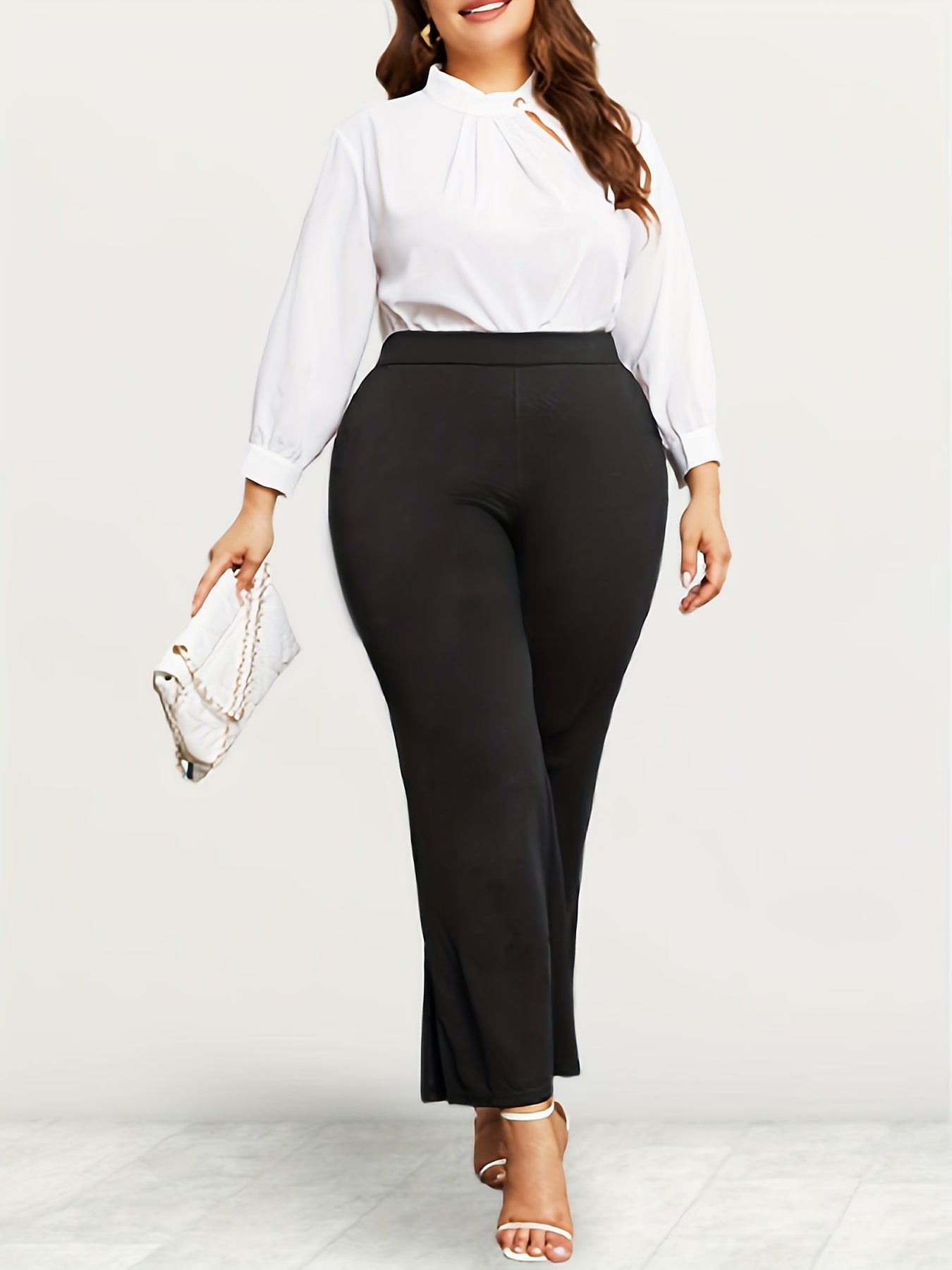 Women Plus Size Elegant Flared Pants with Pockets High Rise Stretch