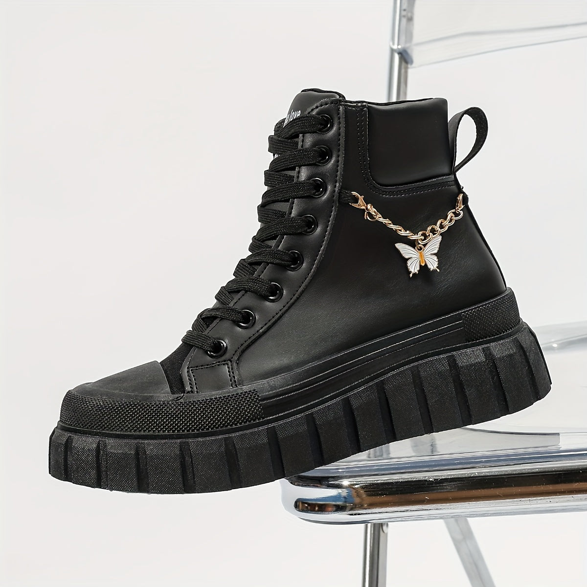 Zapatillas de plataforma gruesa para mujer con cordones y estilo alto, calzado casual con colgante de mariposa