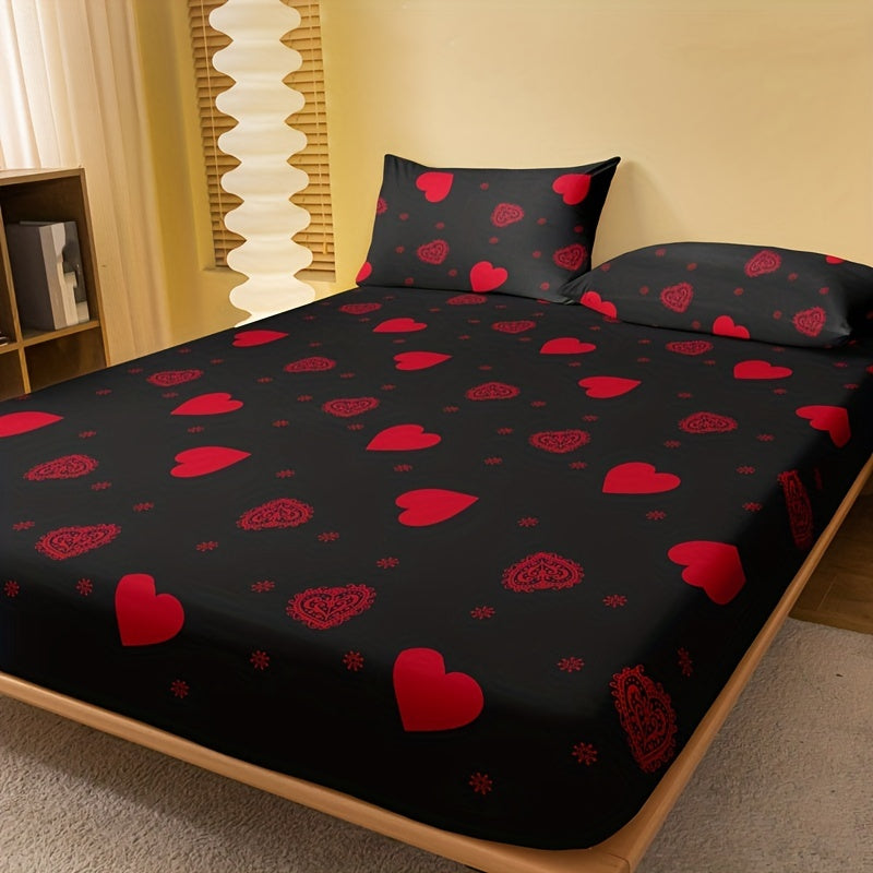 Red Love Print Fitted Sheet for Bedroom Guest Room Student Dorm Soft Comfortable Deep Pocket
