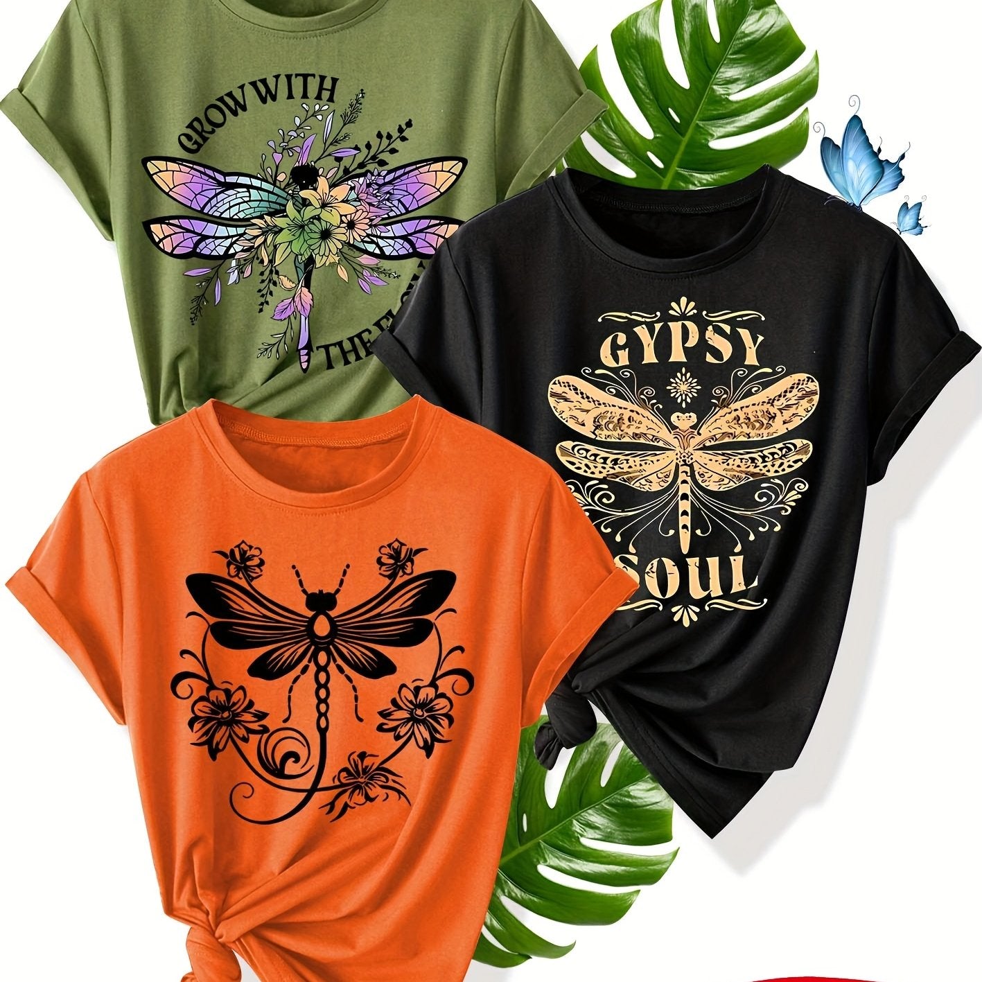 Women's Summer Casual T-Shirt With Flower Dragonfly Print Short Sleeve Multiple Colors