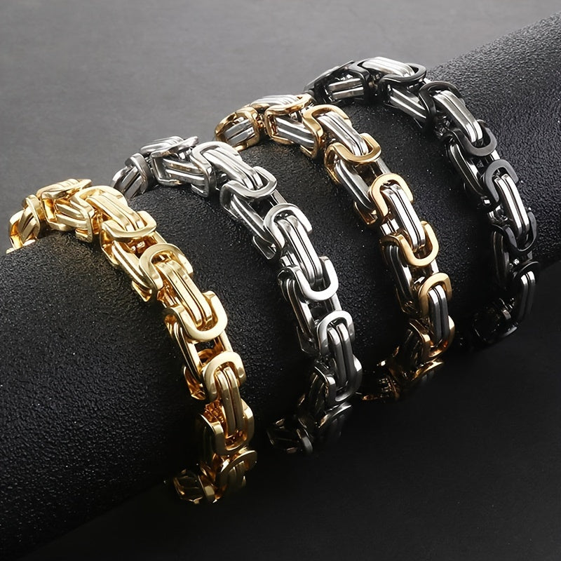 Men's Stainless Steel Chain Bracelet 8mm Byzantine Box Style in Black Gold Silver