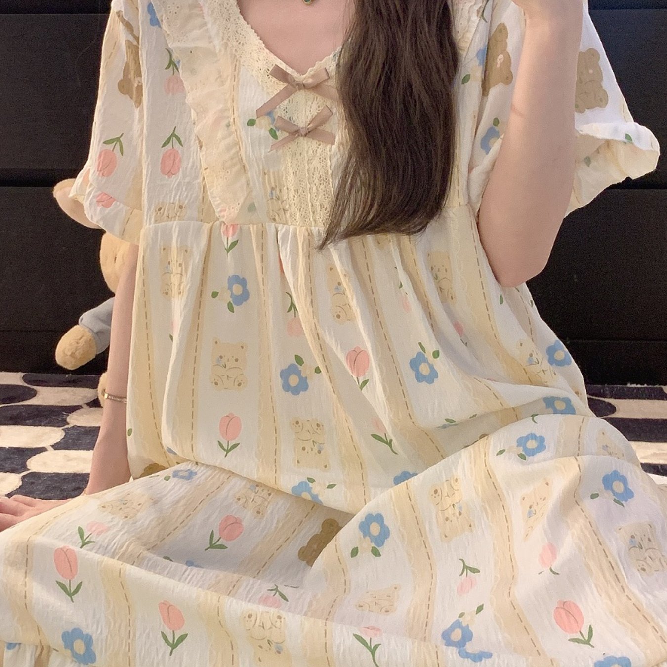 Plus Size Slit-Fit Nightgown with V-Neck Cotton Pajama with Bear Print