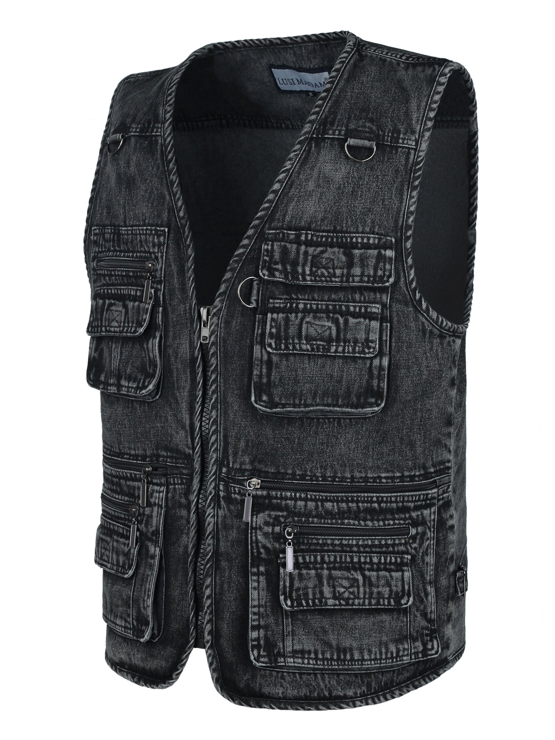 Men's Black Denim Zip-Up Vest with Multiple Pockets for Outdoor Activities