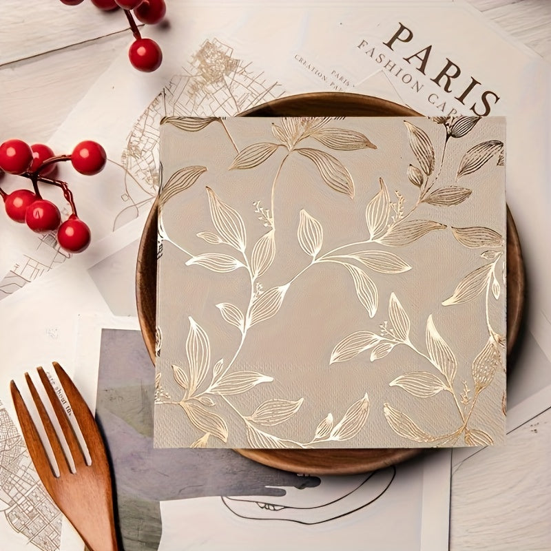 Set of 20 Gold Leaf Pattern Disposable Napkins 33cm Square for Weddings Parties