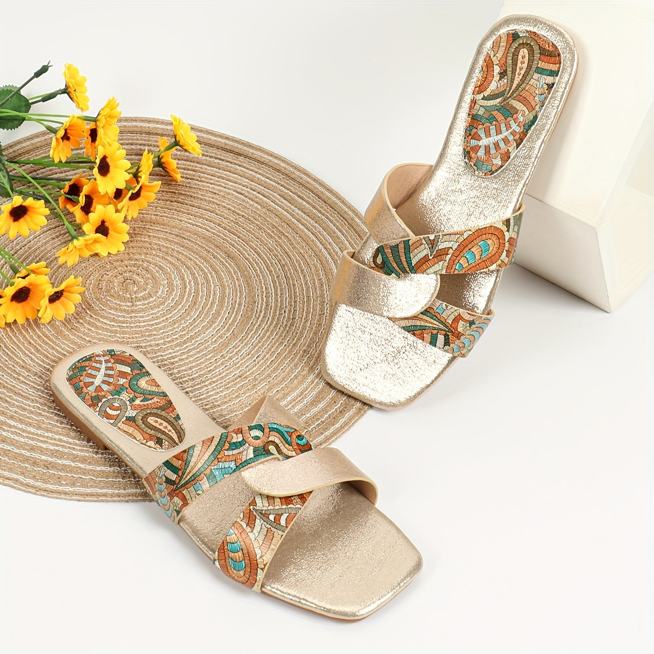 Women's Paisley Pattern Flat Slides with Square Toe Casual Outdoor Beach Sandals