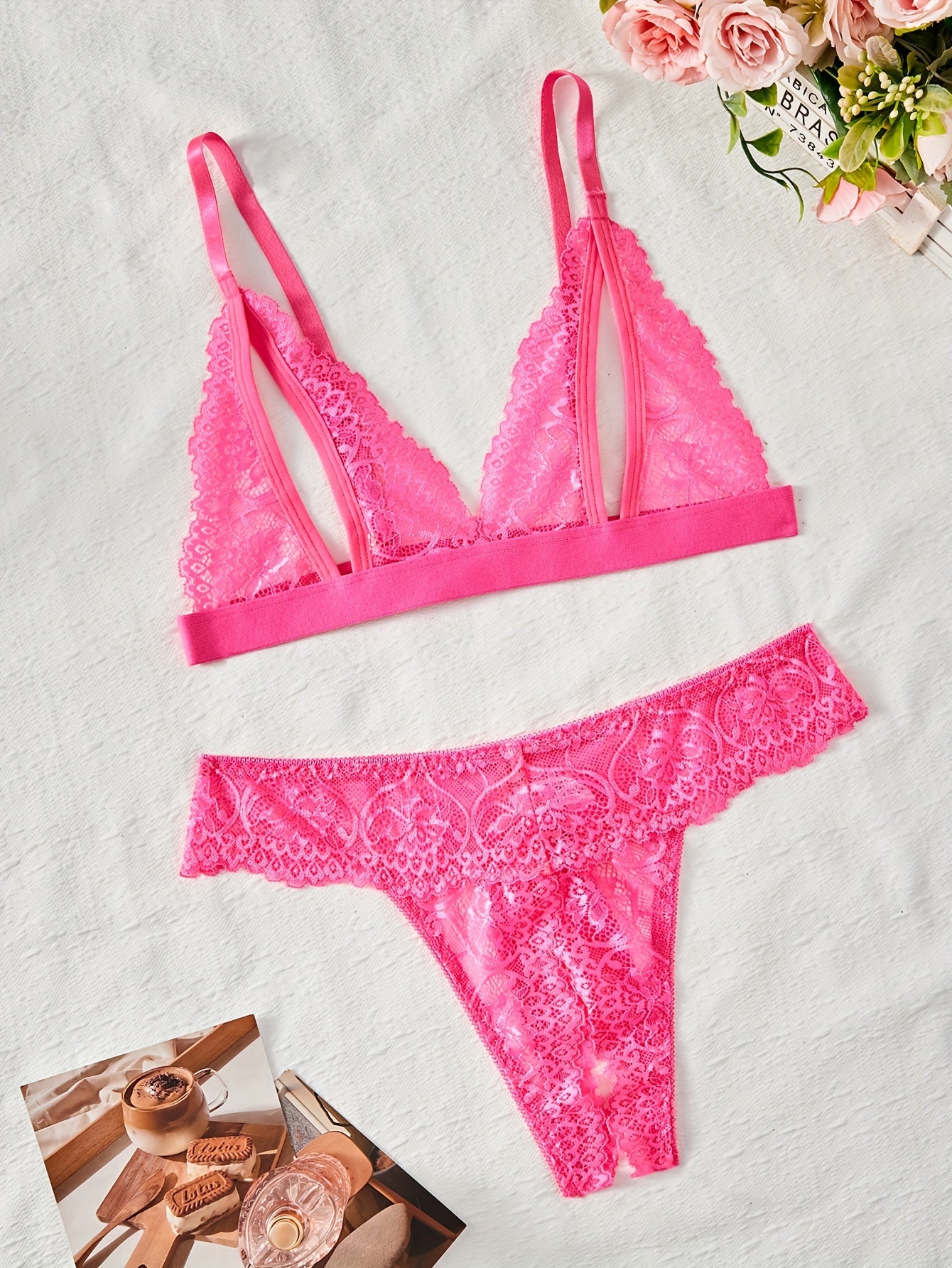 Women's Floral Lace Lingerie Set with Open Cup Triangle Bra and Crotchless Thong