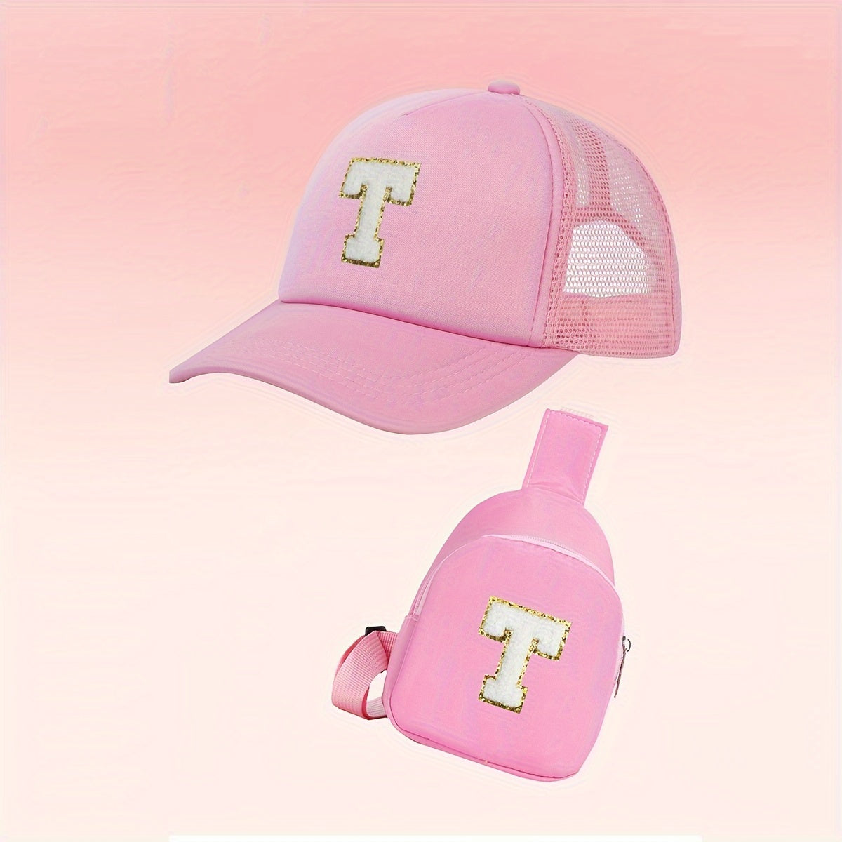Girls Alphabet-Themed 2-Piece Baseball Cap and Bag Set Polyester Breathable Fitted for Ages 3-14