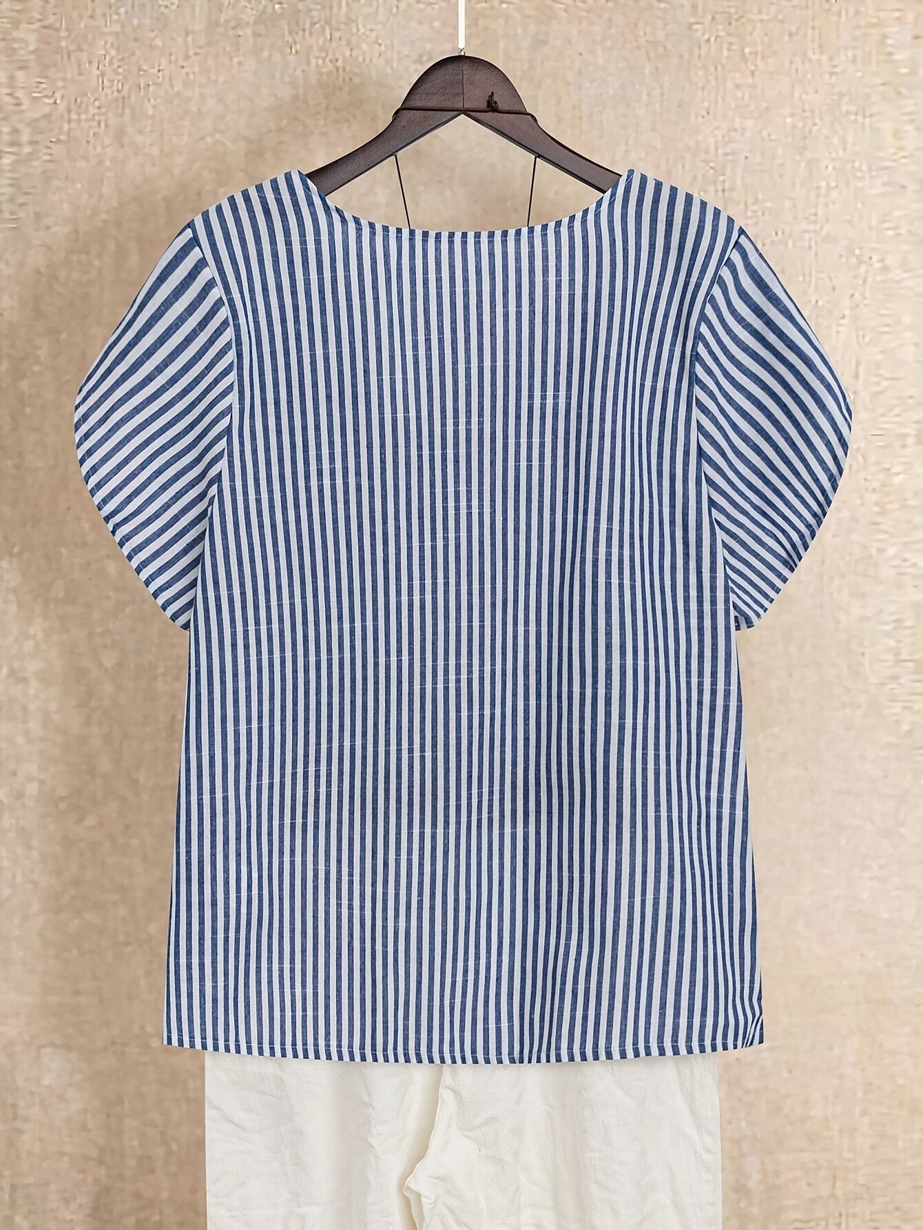 Plus Size Women's Striped Blouse Light Blue White Casual Summer Vacation Top