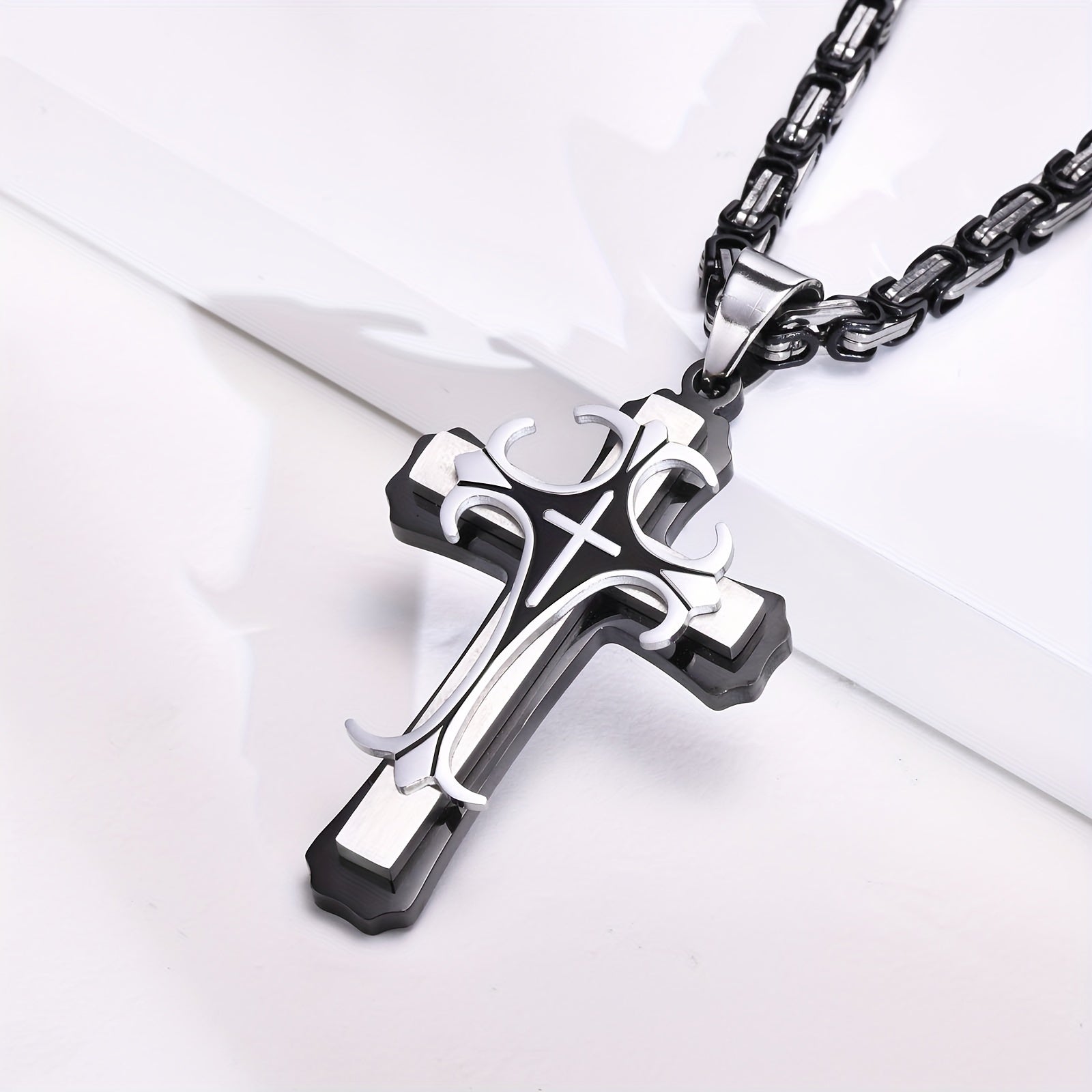 Men's Byzantine Necklace Stainless Steel Cross Pendant Double Layer Jewelry