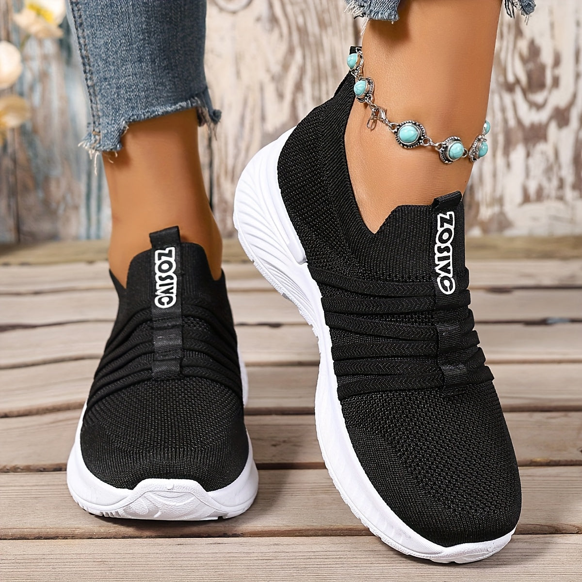 Women's Slip-On Sneakers White and Black Casual Shoes for Summer and Travel
