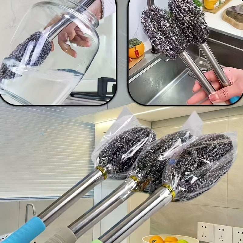 2 ta uzun tutqichli idish cho'tkalari to'plami, oshxona va hammomda qo'lda tozalash uchun zanglamaydigan po'latdan yasalgan to'p cho'tkasi bilan