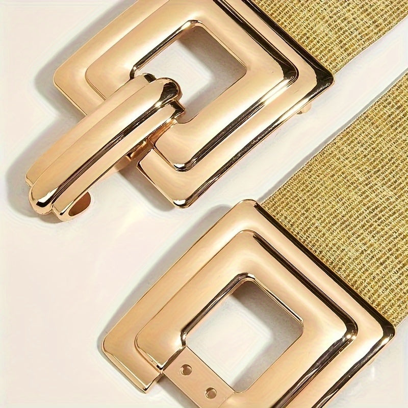 Женский широкий эластичный пояс с пряжкой в виде пустого квадрата в золотом и белом цвете