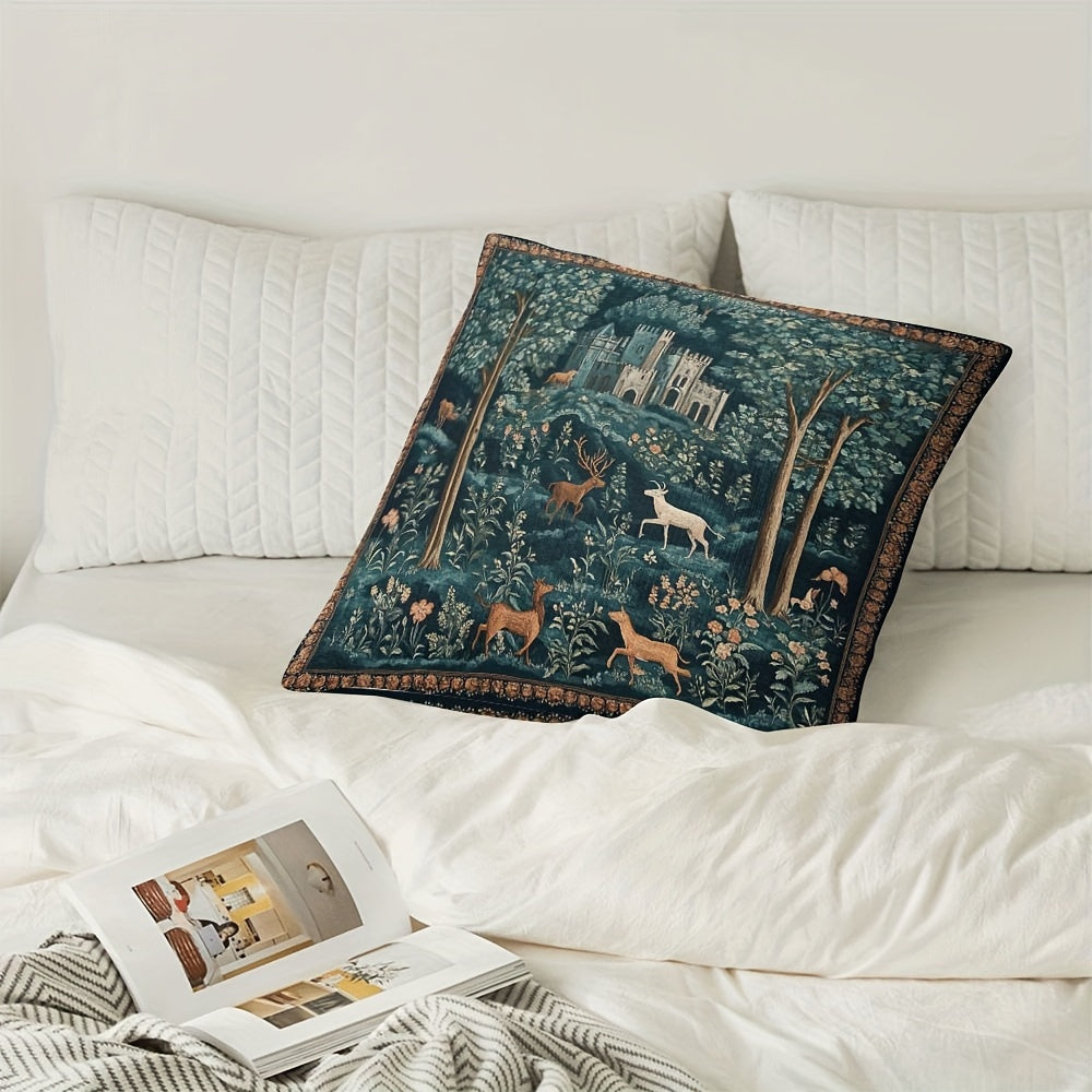 Polyester Pillow Cover Medieval Tapestry Style Double-Sided Decorative Zipper Living Room Decor