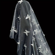 Handcrafted Bridal Veil with Butterflies and Pearls Romantic Yarn Forest-Inspired Wedding Accessory