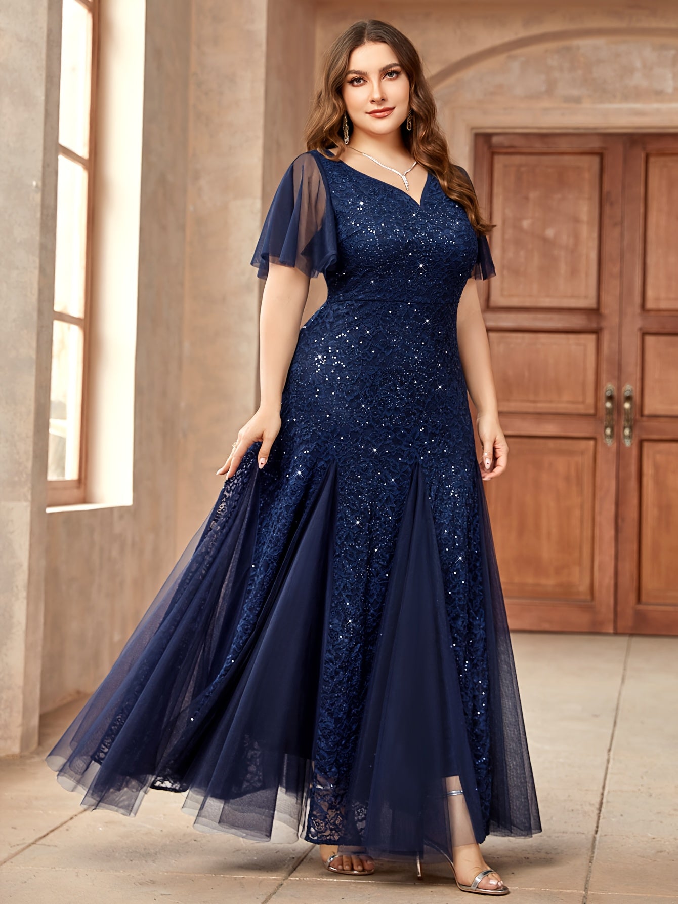 Plus Size Emerald Green Sequin Wedding Dress with Ruffle Sleeves and Lace Contrast