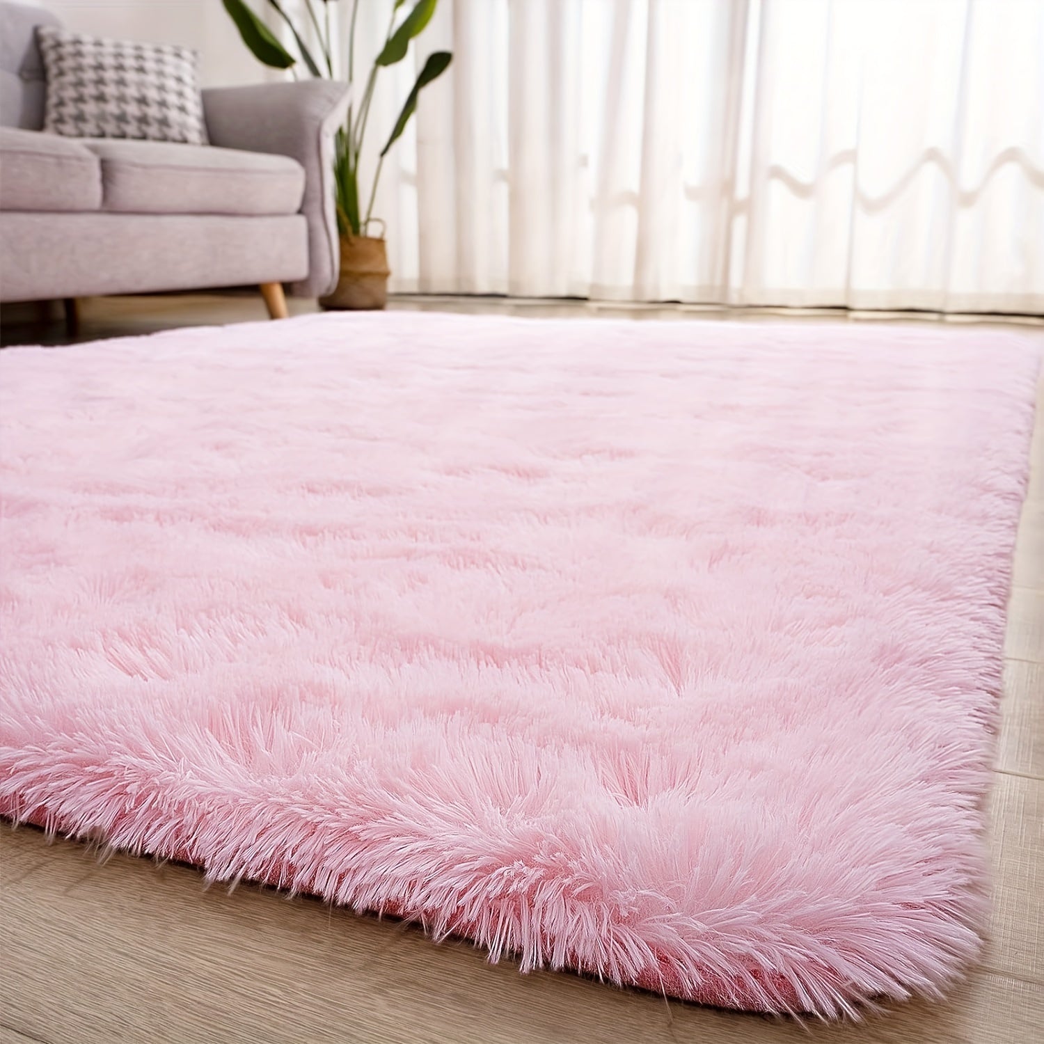 Pink Plush Area Rug Soft Warm Non-Slip Durable Bedroom Living Room Decoration