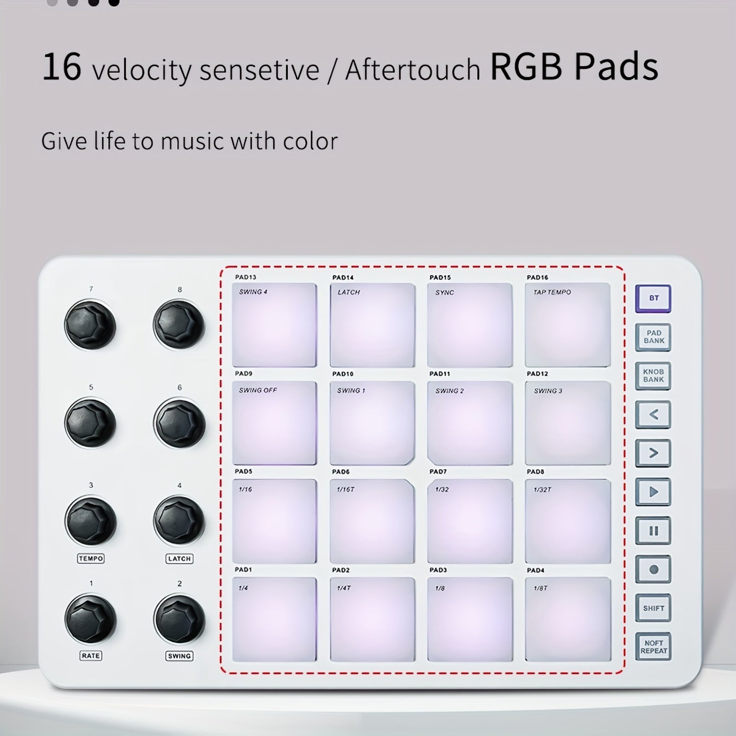 Wireless MIDI Controller with RGB Drum Pads Touch Feedback and Built-in Battery