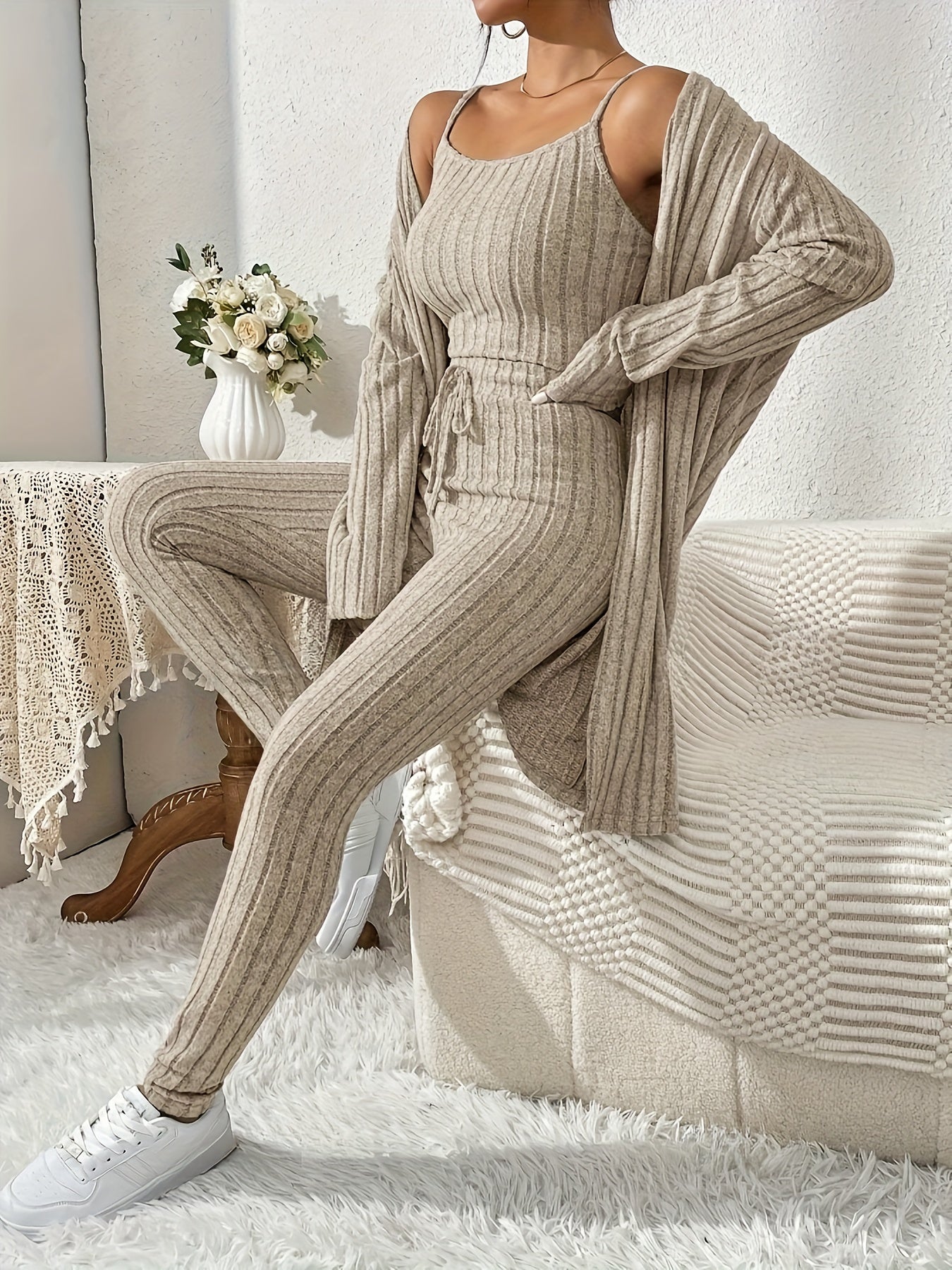 Women's Fall Winter Knit Loungewear Set Cardigan Camisole Pants Solid Color