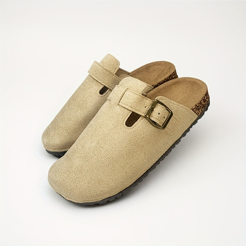 Women's Beige Mules with Buckle Detail Soft Fabric Lining Non-Slip Rubber Sole