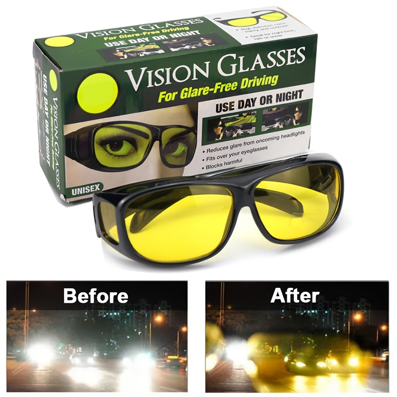 Men Women Oversized Black Frame Sunglasses with Yellow Lenses for Night Driving Set of 2