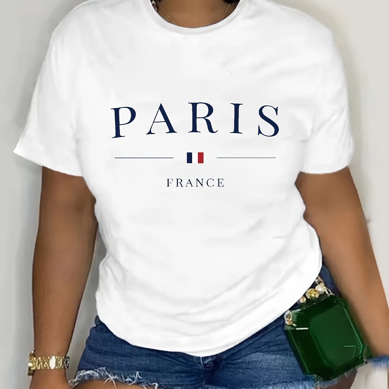 Plus Size Women's T-Shirt Paris Print Casual Round Neck Short Sleeve