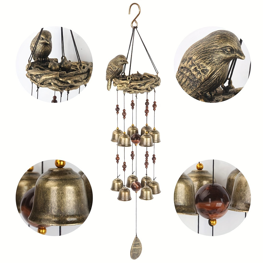 Bronze Bird Nest Wind Chime with 12 Bells Garden Decoration Gift