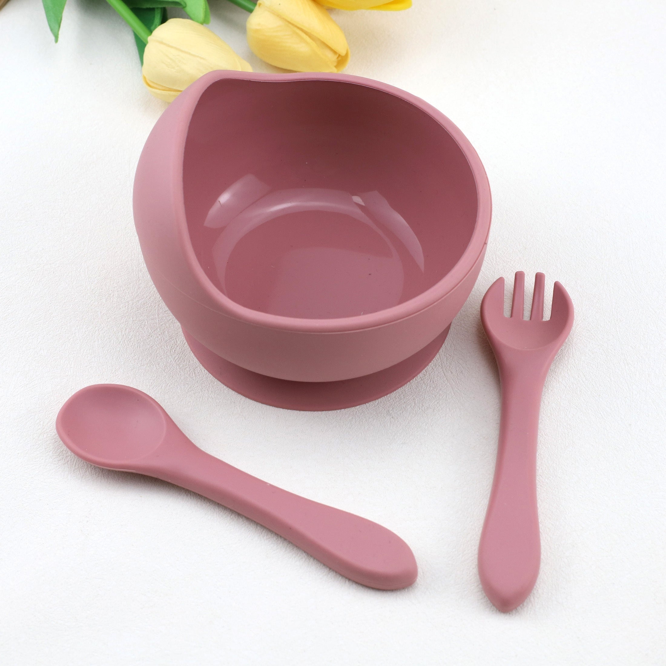 9-Piece Silicone Baby Tableware Set with Bib Plate Bowl Cup Spoon Fork