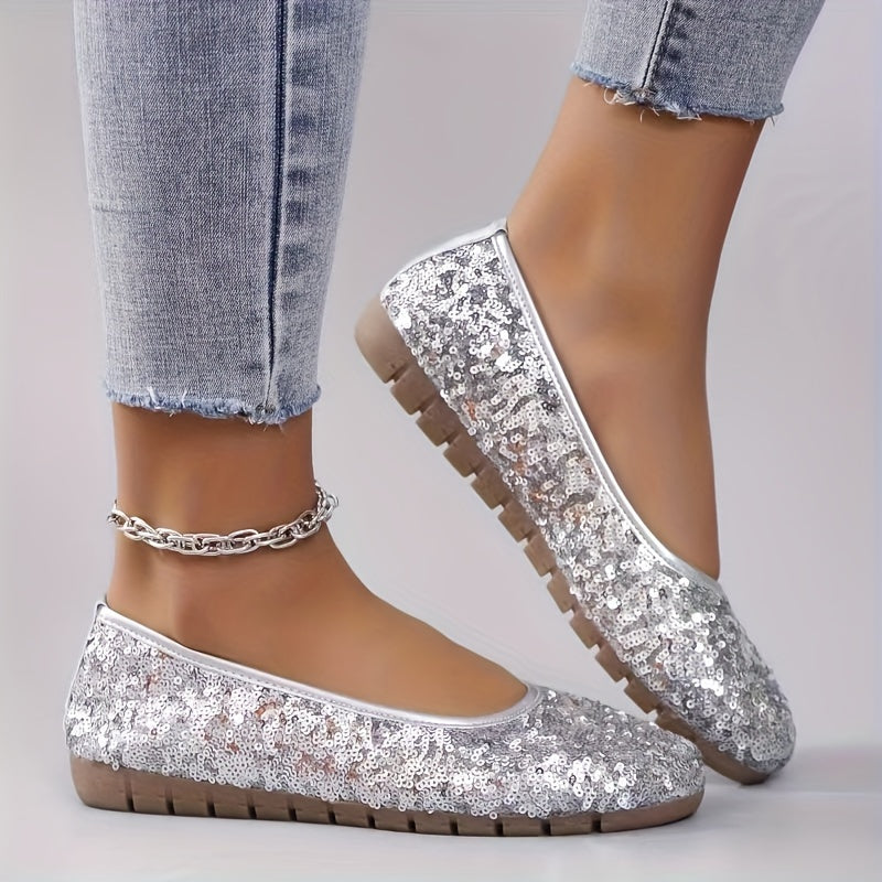 Women's Silver Glitter Flats Slip-On Round Toe Casual All-Season