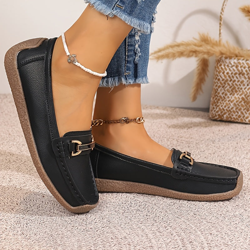 Women Loafers Metal Buckle Slip-On Casual Shoes Non-Slip TPR Sole